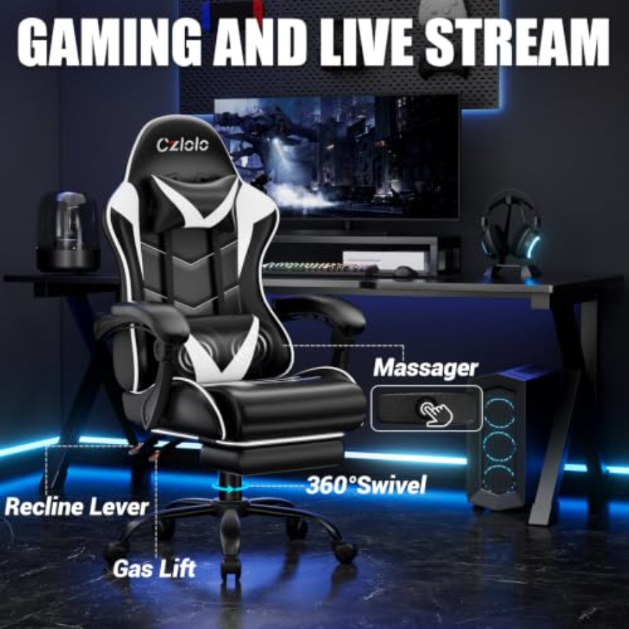 Gaming Chair with Footrest, Ra - Massage 评论和价格